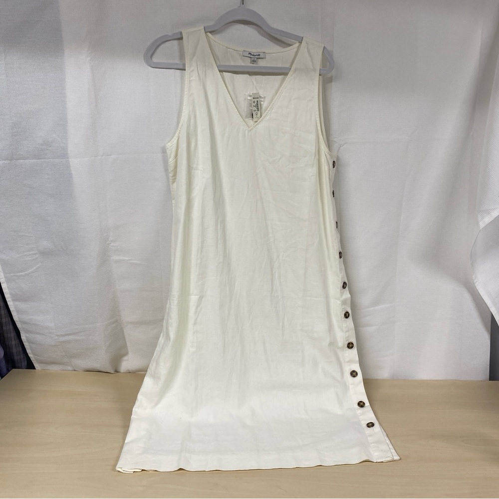 NWT Madewell White Sleeveless Side Button Dress Linen Blend Large